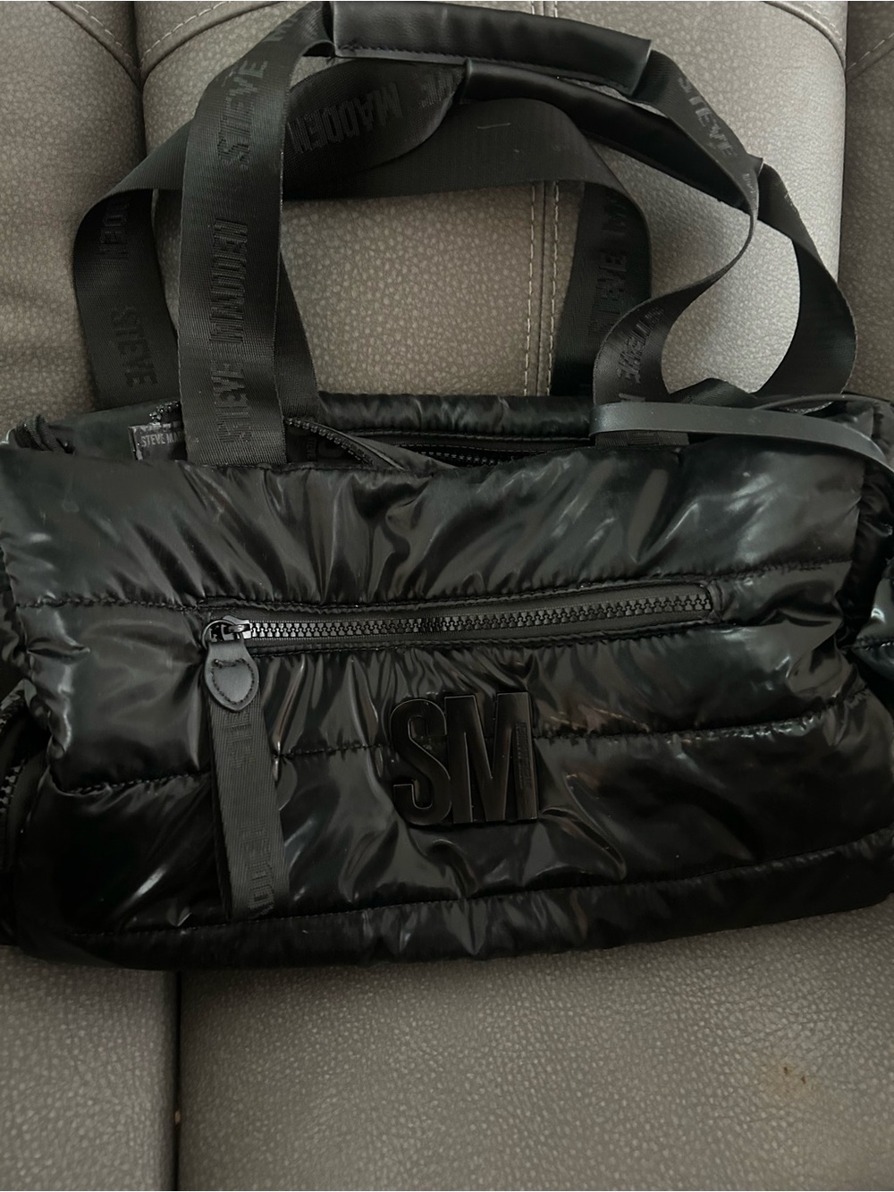 Steve Madden Glossy Black Quilted Puffer Tote with SM Logo